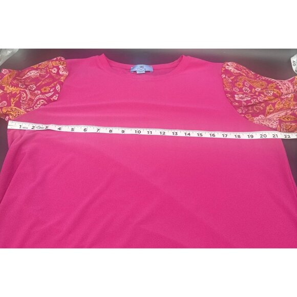 Cece Women's Bright Pink Mixed Media Short Puffed Sleeve Knit Blouse Top Sz XL - Picture 7 of 8